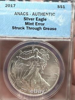 2017 American Silver Eagle Coin MINT ERROR STRUCK THROUGH GREASE ANACS