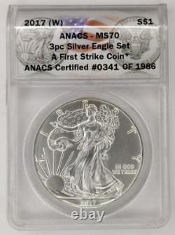 2017 MS 70 $1 SILVER EAGLE 3-coin (P, S, W) ANACS First Strike Set 0341 of 1986
