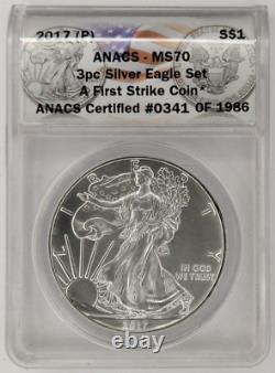 2017 MS 70 $1 SILVER EAGLE 3-coin (P, S, W) ANACS First Strike Set 0341 of 1986
