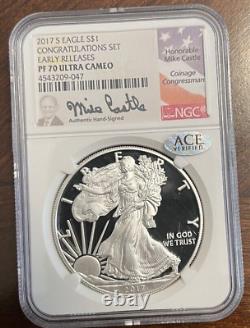 2017 S PROOF SILVER EAGLE NGC PF70 ER mike castle SIGNED CONGRATULATIONS SET