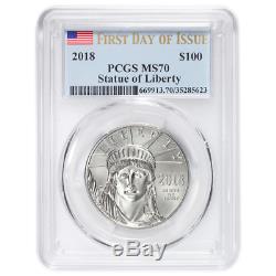 2018 $100 American Platinum Eagle PCGS MS70 FDOI Statue of Liberty Label