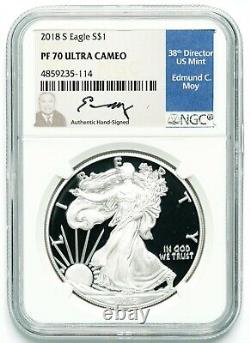 2018 S Proof Silver American Eagle NGC PF-70 Ultra-Cameo Edmund Moy Signed