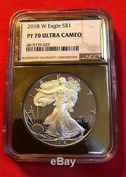 2018 W American Silver Eagle Proof70Ultra CameoNGC Brown Label With Gold Core