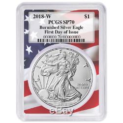 2018-W Burnished $1 American Silver Eagle PCGS SP70 FDOI Flag Frame