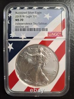 2018 W Burnished Silver Eagle Ngc Ms70 Independence Day Edition Flag Core