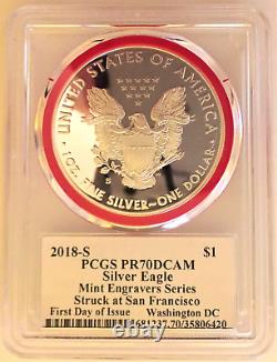 2018-s Mint Engravers Silver Eagle-pcgs Pr70-fdoi-mercanti-washington Dc-pop 40