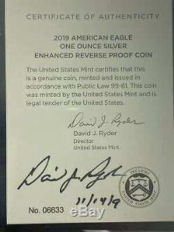 2019S $1 Silver AMERICAN EAGLE ENHANCED REV PROOF SIGNED BY DAVID J. RYDER PF 70