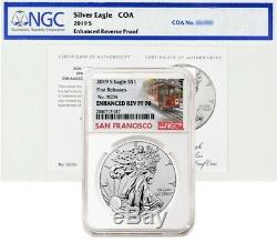 2019 S ENHANCED REVERSE PROOF SILVER EAGLE(19XE), NGC PF70 FR with COA #, PRE-SALE