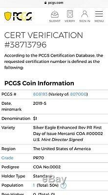 2019 S Enhanced Reverse Proof Silver Eagle Pcgs Pr70 Mercanti First Day #00002