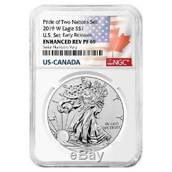 2019 W 1 oz Reverse Proof Silver Eagle NGC PF 69 Pride of Two Nations-Two Flags