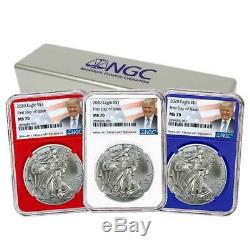 2020 $1 American Silver Eagle 3pc. Set NGC MS70 FDI Trump Label Red White Blue