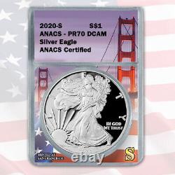 2020 S American Silver Eagle Proof PR70 DCAM Golden Gate Bridge Core