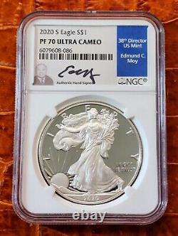 2020 S Proof Silver Eagle $1 Edmund C. Moy Pf70 Ultra Cameo Blue