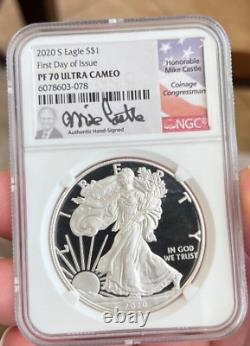 2020 S Proof Silver Eagle Ngc Pf70 First Day Of Issue Fdi Mike Castle Signed
