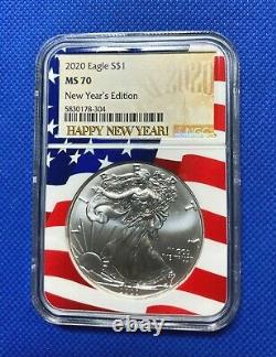 2020 Silver Eagle Ngc Ms70 New Year's Edition Flag Frame/ Core Top Pop Awesome