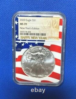 2020 Silver Eagle Ngc Ms70 New Year's Edition Flag Frame/ Core Top Pop Awesome