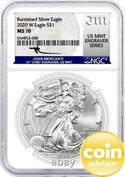 2020 W $1 Burnished Silver Eagle NGC MS70 Mercanti Signature U. S. Mint Engraver