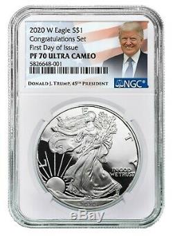2020 W Congratulations Silver Eagle NGC PF70 First Day Issue Donald Trump Label