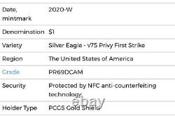 2020 W Silver American Eagle V75 Privy End Ww2 Anniv Fdi Pcgs Pr69 Dcam