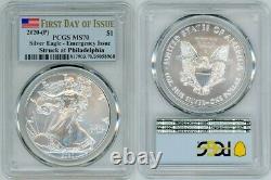 2020 (p) Silver American Eagle $1 Emergency Pcgs Ms70 First Day Of Issue Flag