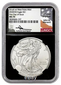 2020-(w) S$1 1oz American Silver Eagle Ngc Ms70 Fdi Mercanti Signed West Point