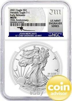 2021 $1 Heraldic Silver Eagle T-1 35th Anniv NGC MS70 Early Releases Mercanti