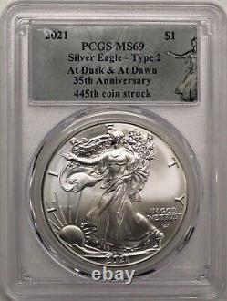2021 $1 Silver Eagle Type 2 PCGS MS69 At Dusk & At Dawn 445th Coin Struck