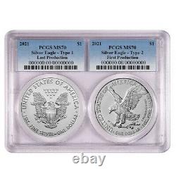 2021 $1 T1 and T2 Silver Eagle Set PCGS MS70 First and Last Production Blue Labe