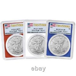 2021 $1 Type 1 American Silver Eagle 3pc Set PCGS MS70 FS Flag Label Red White B