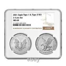 2021 $1 Type 1 and Type 2 Silver Eagle Set NGC MS69 Brown Label