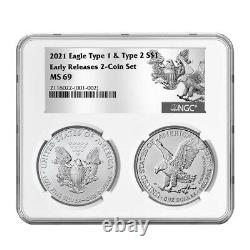 2021 $1 Type 1 and Type 2 Silver Eagle Set NGC MS69 ER T1 T2 Label