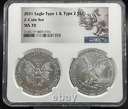 2021 $1 Type 1 and Type 2 Silver Eagle Set NGC MS70