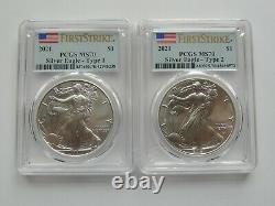 2021 $1 Type 1 and Type 2 Silver Eagle Set PCGS MS70 FS Flag Label