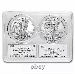 2021 2-Coin Silver Eagle Set MS-70 PCGS (Type 1 & 2, FirstStrike) Silver Label