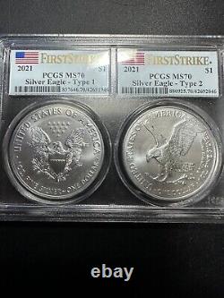 2021 American Silver Eagle Type 1 and 2 PCGS MS70 First Strike Flag Label 2 Coin