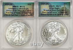 2021-(S) & 2021-(W) Silver Eagle 2 Coin Set ANACS MS70