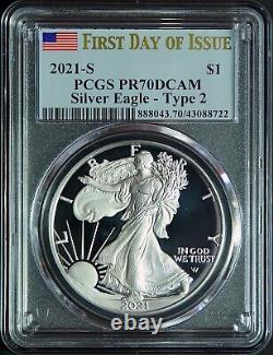 2021 S AMERICAN SILVER EAGLE TY 2 PCGS PR70 DCAM FDOI Landing Eagle Flag Label