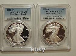 2021 S & W $1 American Silver Eagle Type 2 PR70DCAM PCGS 2 Coins