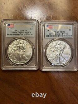 2021 Set of 2 $1 American Silver Eagle T1 & T2 PCGS MS70 First Strike Coins