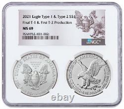 2021 Silver Eagle Final T1 First T2 Production NGC MS69 2-Coin Holder