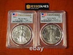 2021 Silver Eagle Pcgs Ms70 Flag First Strike 2 Coin Set Both Type 1 & Type 2