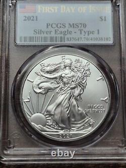 2021 Silver Eagle Set Of W, P, S MS70 PCGS FS & FDOI Coin Mix (6 Coins)