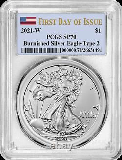 2021 W $1 Burnished Silver Eagle Type 2 PCGS SP70 First Day of Issue Flag Label