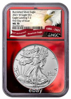 2021 W Burnished American Silver Eagle Type 2 NGC MS70 FDI Red Foil Core