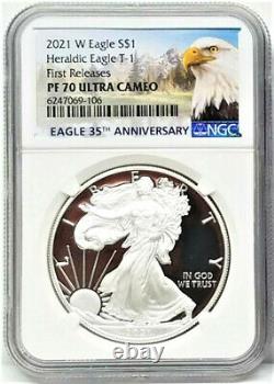 2021 W PROOF SILVER EAGLE, HERALDIC TYPE 1, NGC PF70UC 1st RELEASE, LIMITED