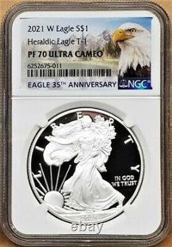 2021 W Proof Silver Eagle, Heraldic Type 1, Ngc Pf70uc, Eagle/mountain Label