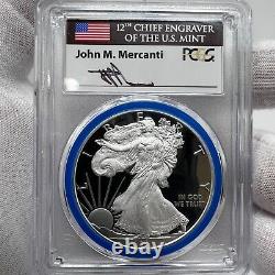 2021-W Proof Silver Eagle Type 1 PCGS PR70DCAM FDOI Mercanti Mint Engraver Blue
