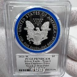 2021-W Proof Silver Eagle Type 1 PCGS PR70DCAM FDOI Mercanti Mint Engraver Blue