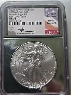 2021 W Silver Eagle T-1 NGC MS 70 First Day of Issue John Mercanti Signed