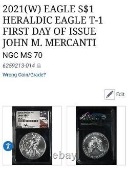 2021 W Silver Eagle T-1 NGC MS 70 First Day of Issue John Mercanti Signed